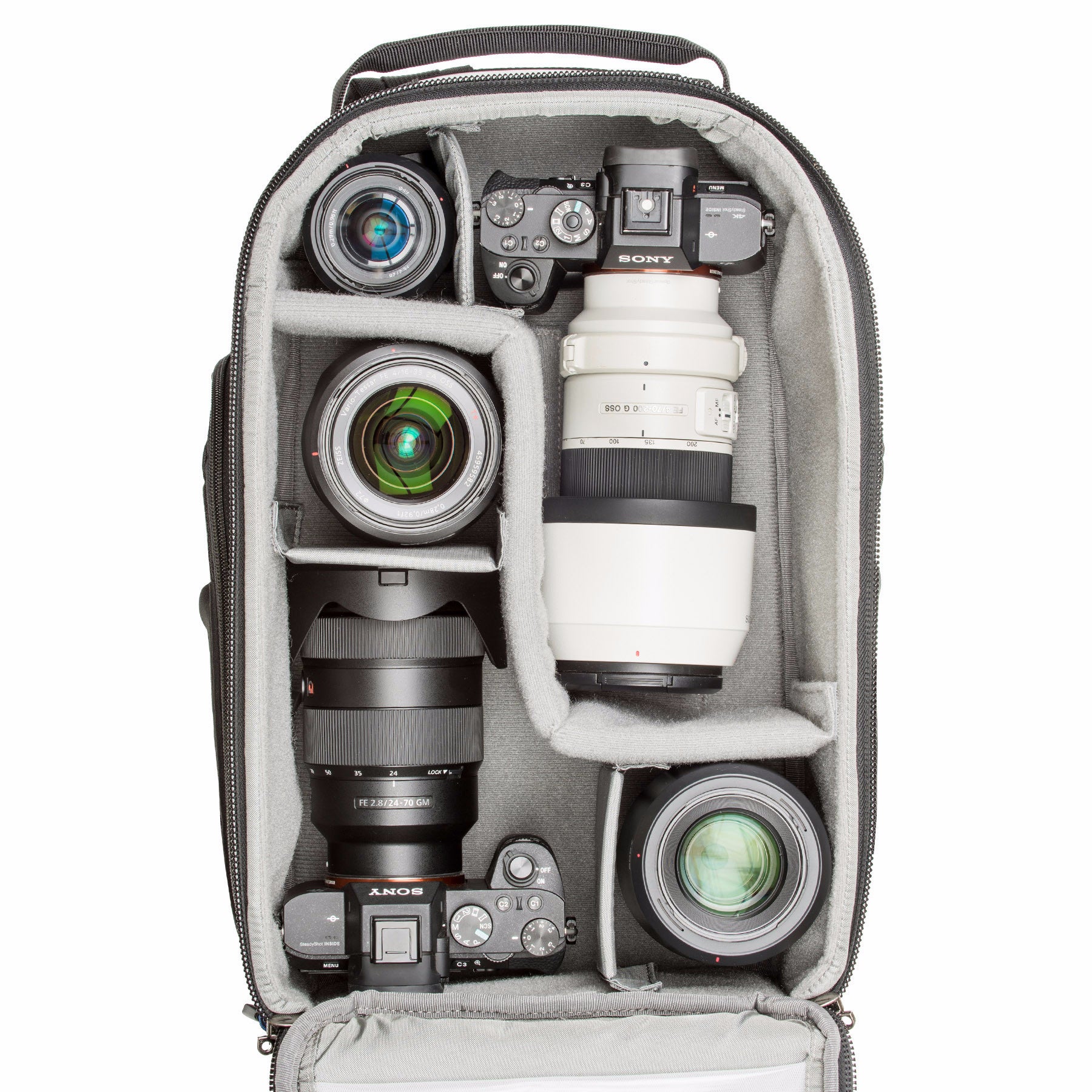 StreetWalker backpacks are designed to accommodate standard DSLR bodies with lenses attached