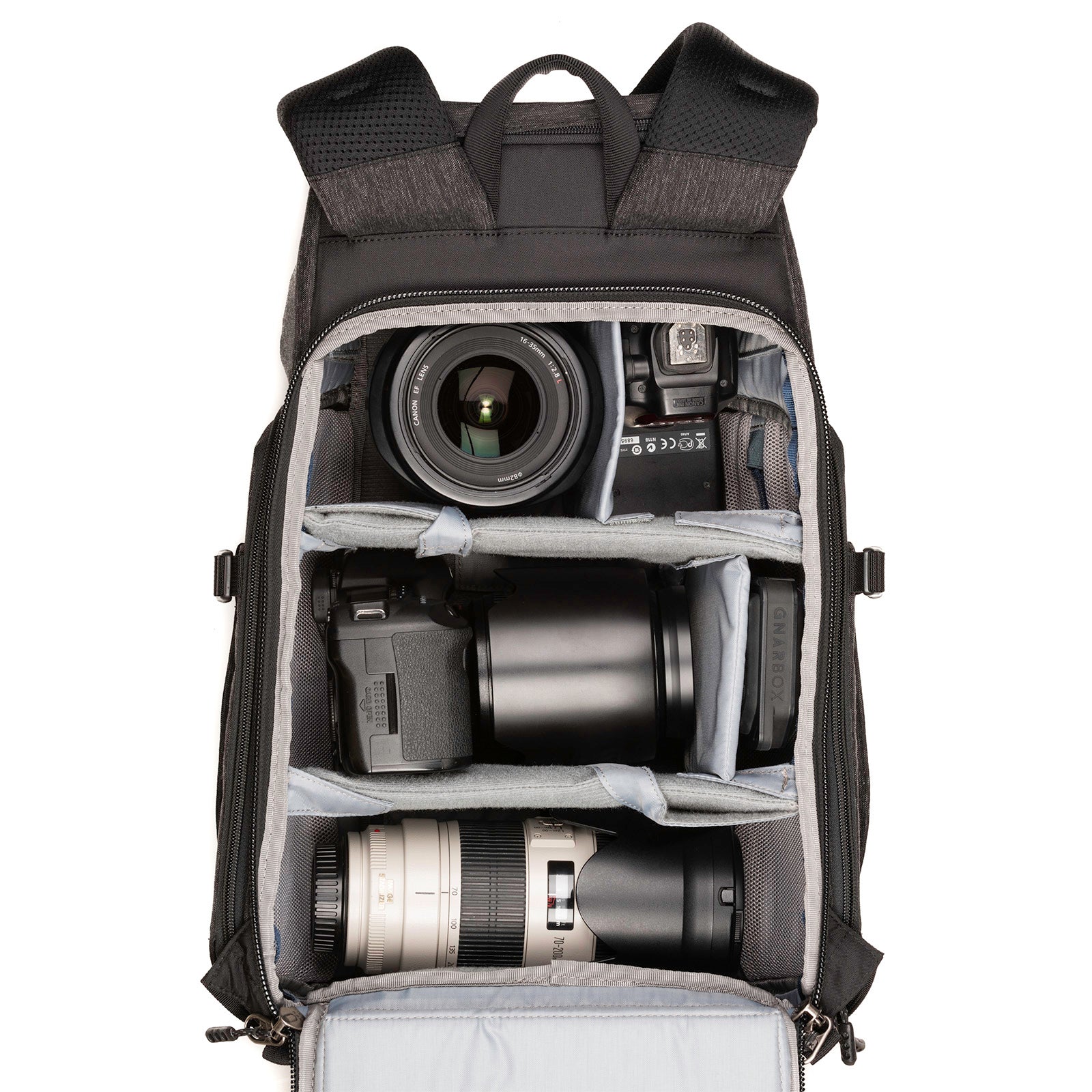 Canon 5D with 24–70mm f/2.8 attached, 70–200mm f/2.8, 16–35mm f/2.8, flash and a 13” laptop