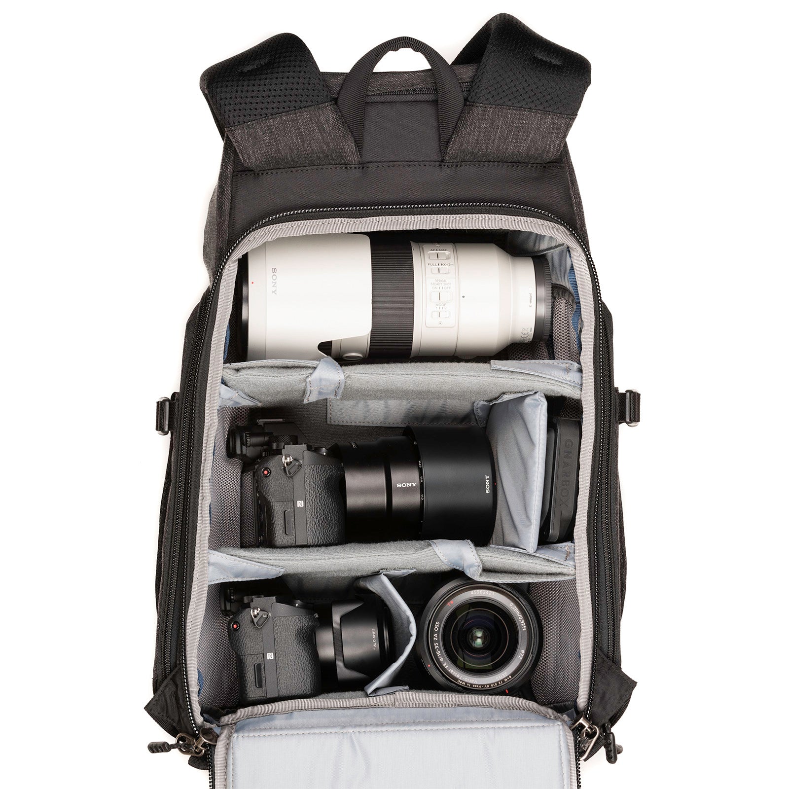 Fits 1 ungripped DSLR or Mirrorless body with lens attached up to a 24–70mm f/2.8, 2–4 additional lenses including a 70–200mm f/2.8 detached, a 13” laptop, plus personal gear