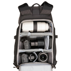 Fits 1 ungripped DSLR or Mirrorless body with lens attached up to a 24–70mm f/2.8, 2–4 additional lenses including a 70–200mm f/2.8 detached, a 13” laptop, plus personal gear