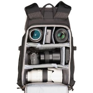 Sony a7rIII with 24–70mm f/2.8 attached, 70–200mm f/2.8, 16–35mm f/2.8, 13” laptop and 90mm f/2.8 macro
