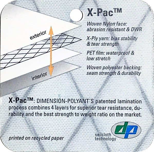 High Performance X-Pac® waterproof 4-layer laminate fabric with the iconic X-Ply tear-proof fiber reinforcement