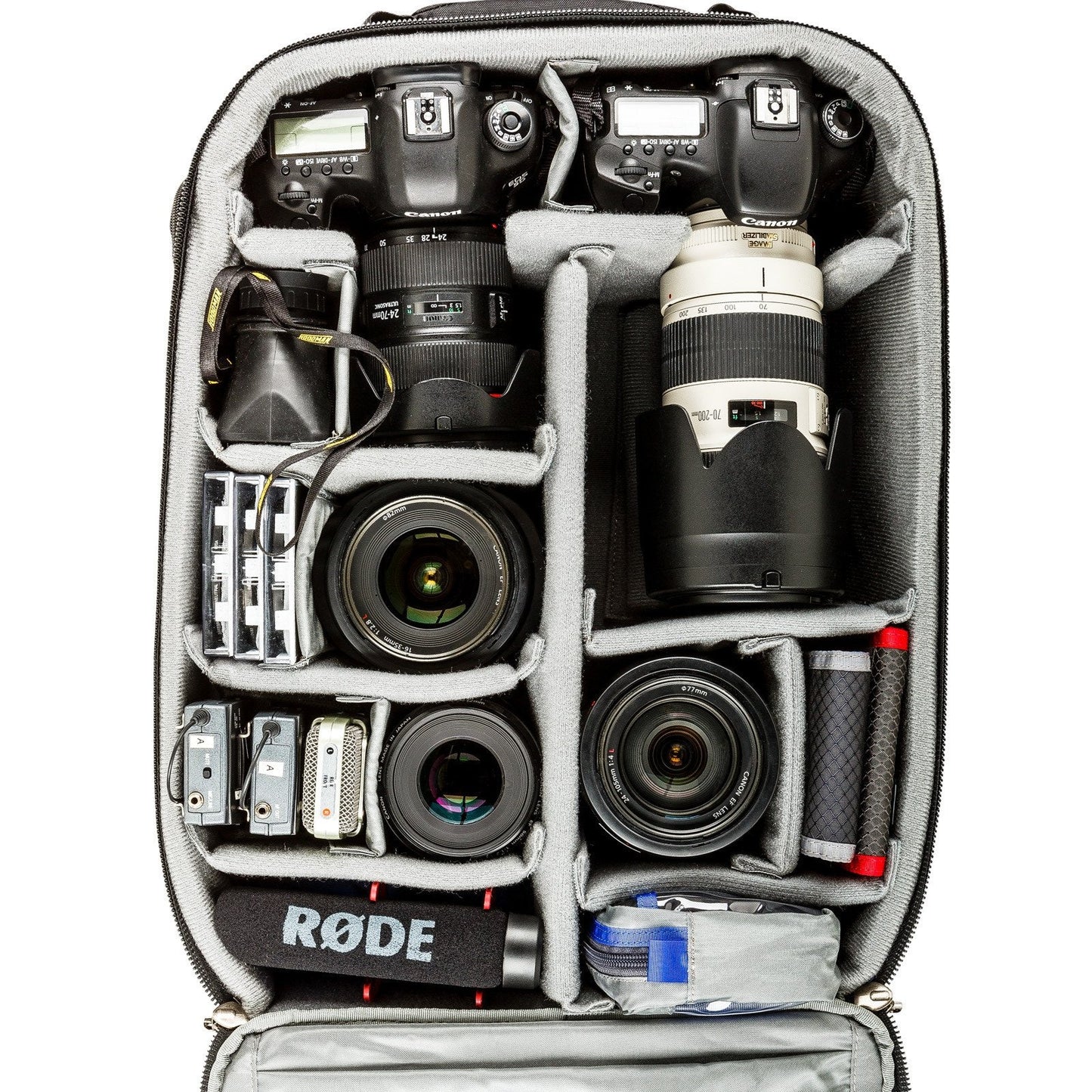Two gripped DSLRs with five lenses and additional audio recording accessories