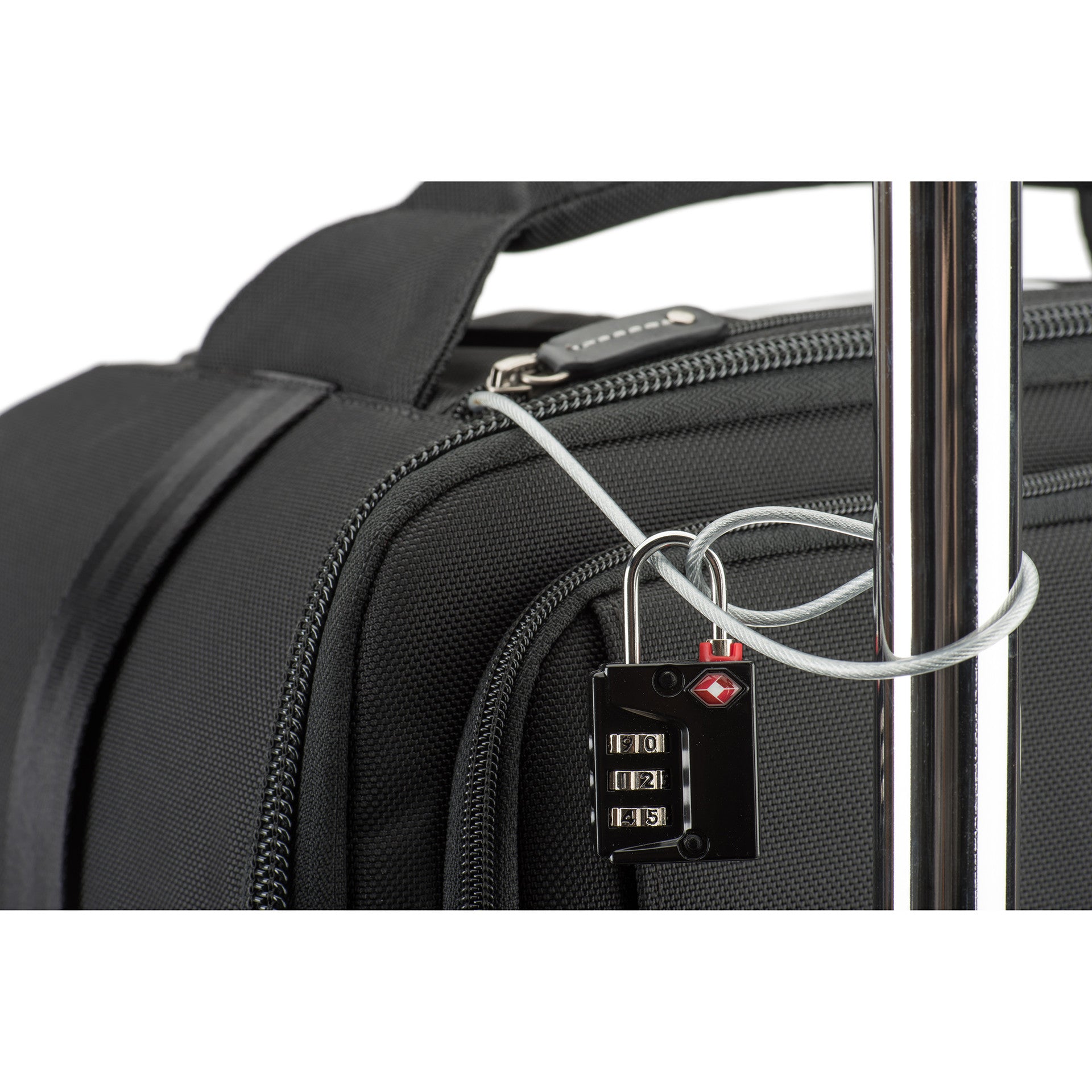 High-strength coated cable and combination lock for the laptop compartment and securing your bag to an immovable object