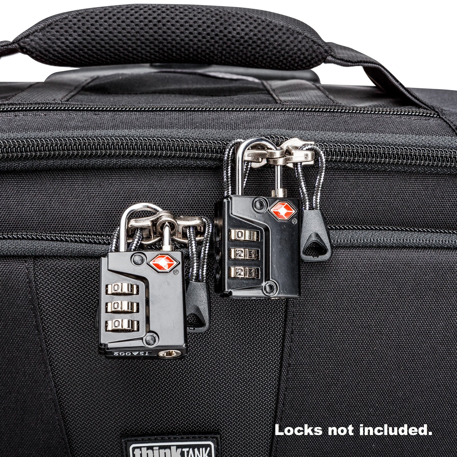 Locking front and top panel zipper sliders. Locks not included.