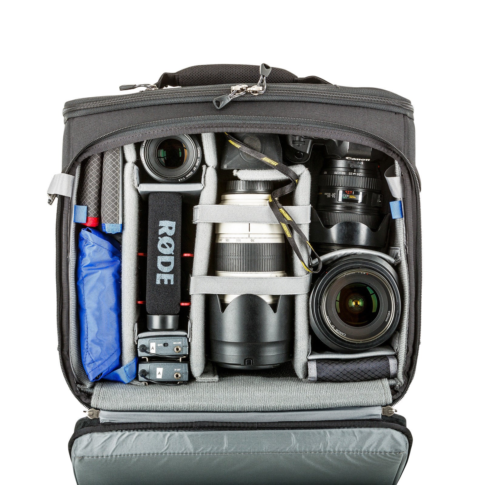 Canon 1DX+24-70mm f/2.8, 16-35mm f/2.8, 70-200mm f/2.8, 50mm f/1.4, Mic, Lav Mics