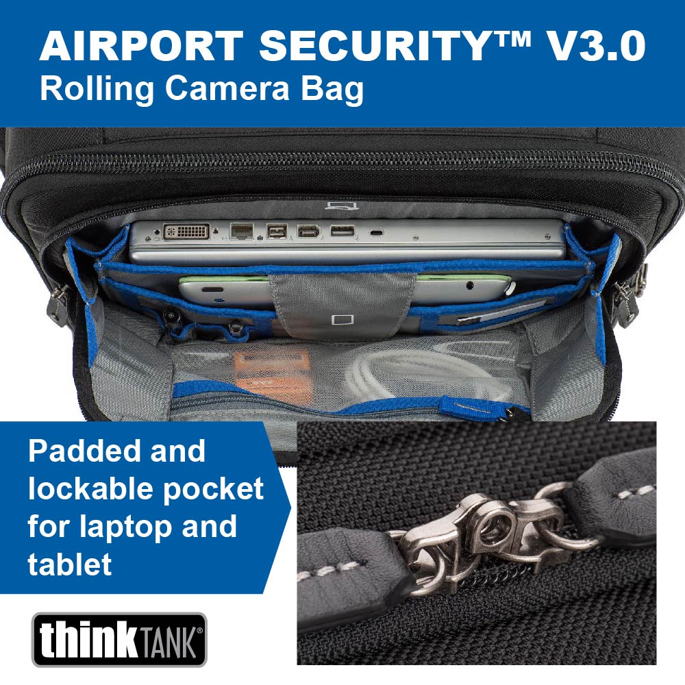 
                  
                    Airport Security v3 Rolling Camera Bag. Padded and lockable pocket for laptop and tablet
                  
                