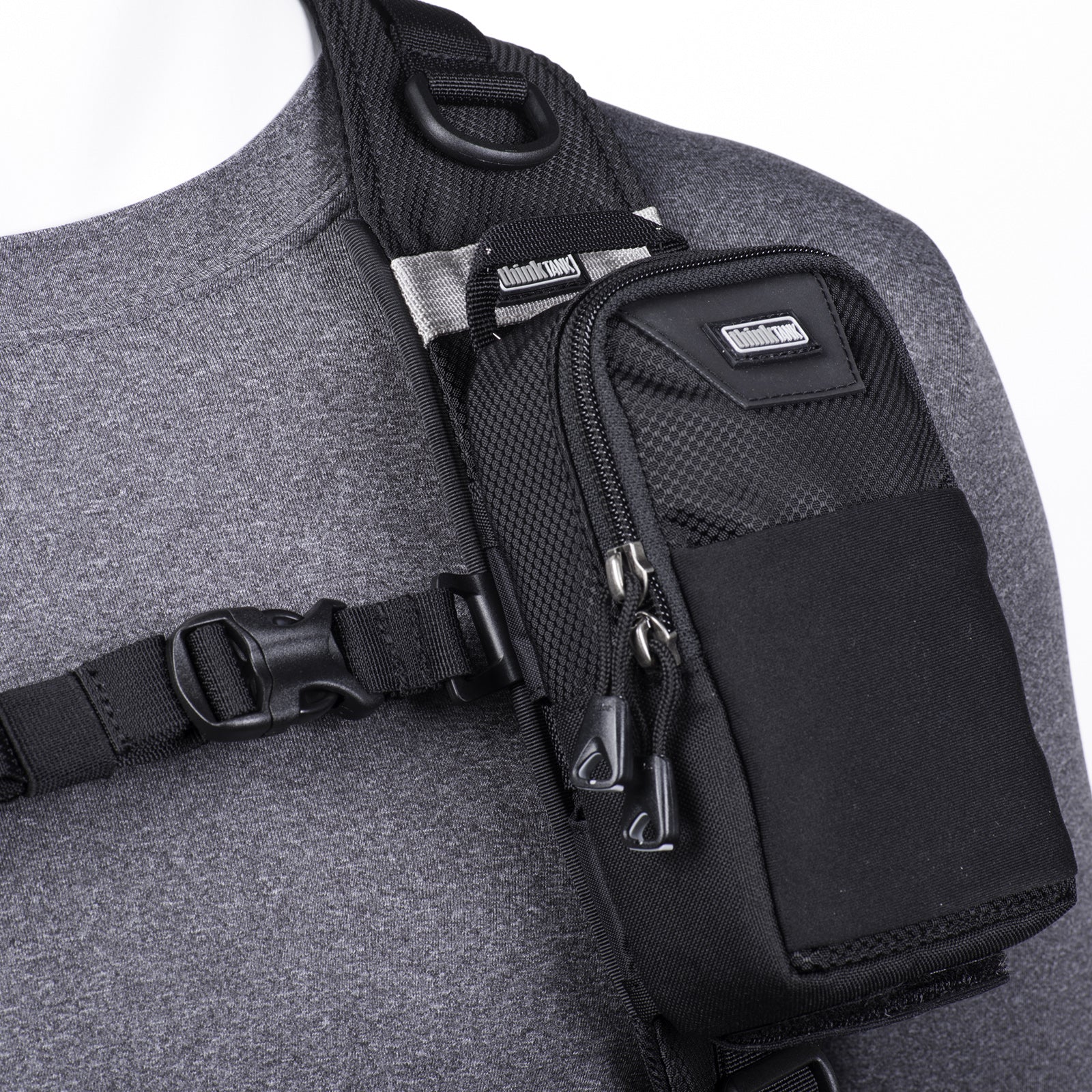 This compact pouch carries a smartphone, professional point and shoot camera, memory card wallet, or small accessories as part of the Think Tank Modular Belt System