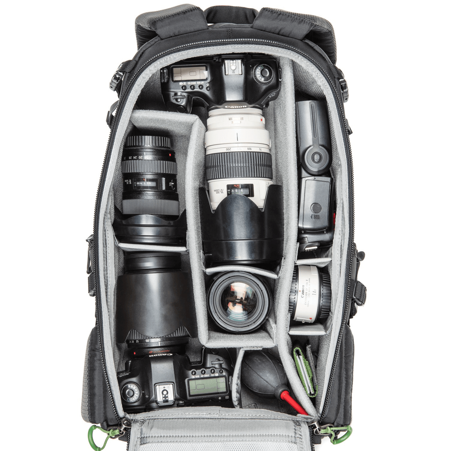 
                  
                    Two body configuration – 5D attached to 70-200mm f/2.8, 5D attached to 24-70mm f/2.8, 16-35mm f/2.8, 80 f/1.8, flash, 1.4 TC
                  
                